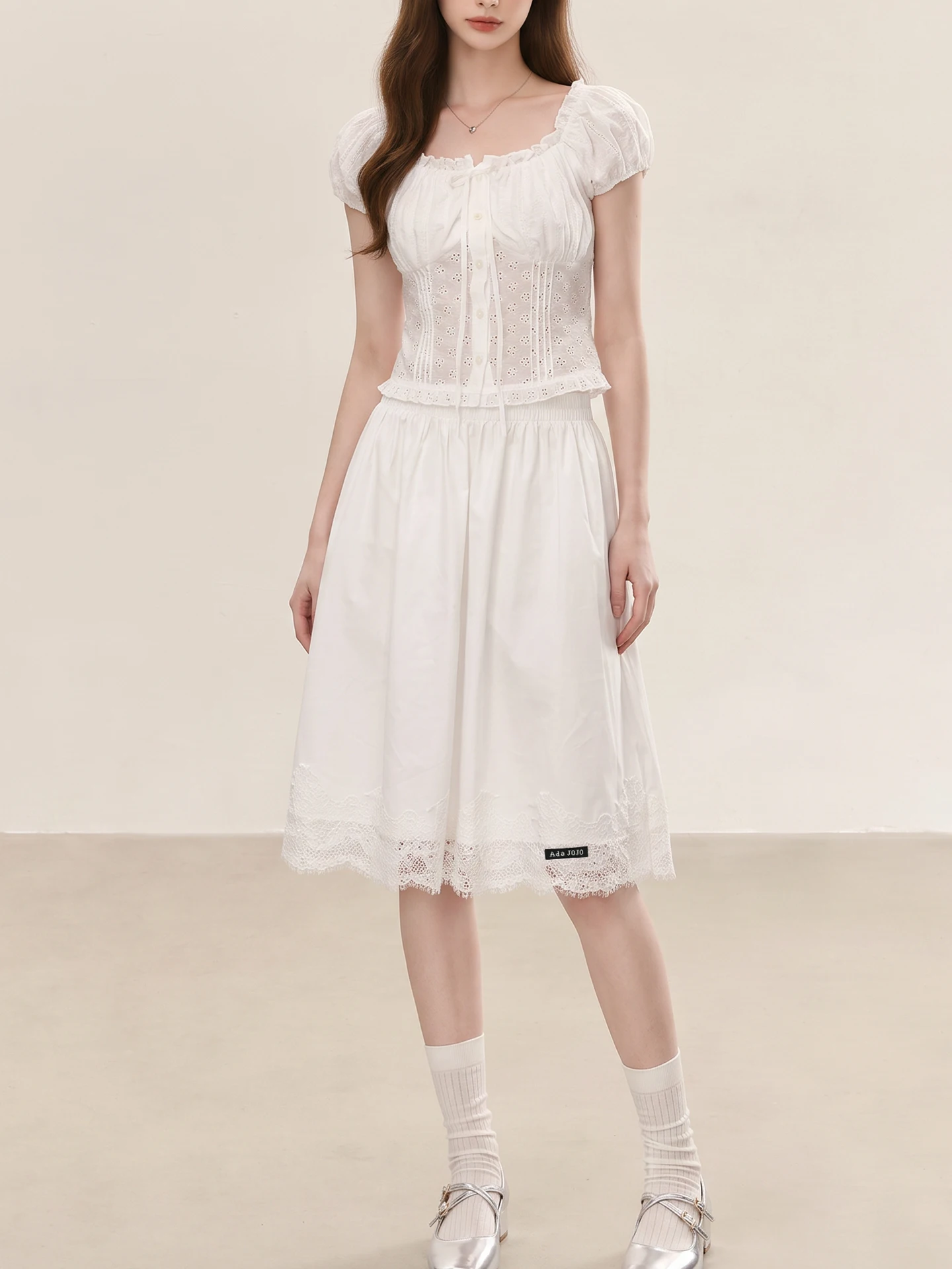  High Waist A-Line Skirt White Lace Trim Slimming Ladylike Style Casual Cotton Half Skirt for Women Girls