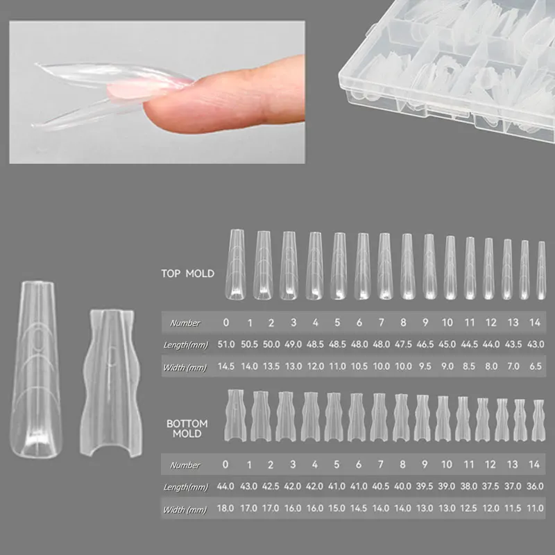 180 قطعة ساندويتش المزدوج مسمار شكل نعش اللوز أشكال الأظافر 14 حجم قابلة لإعادة الاستخدام أعلى أسفل أشكال مسمار الفن تمديد العفن العلوي القالب السفلي