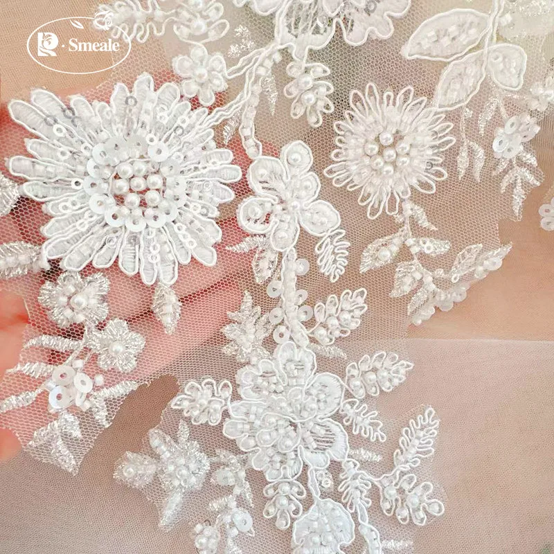 34X17CM Weiße Rayon-Perlen-Pailletten-Blumen Bestickte Spitzen-Spiegel-Applikation. Braut-Kopfschmuck. Patch DIY Hochzeitsaccessoires zum Nähen. – Detail 2