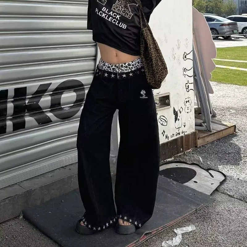Fashionable Embroidery Rivet Loose Jeans Wide-Leg Women's Clothing Leopard Star Decor Denim Pants Streetwear Casual Trousers New