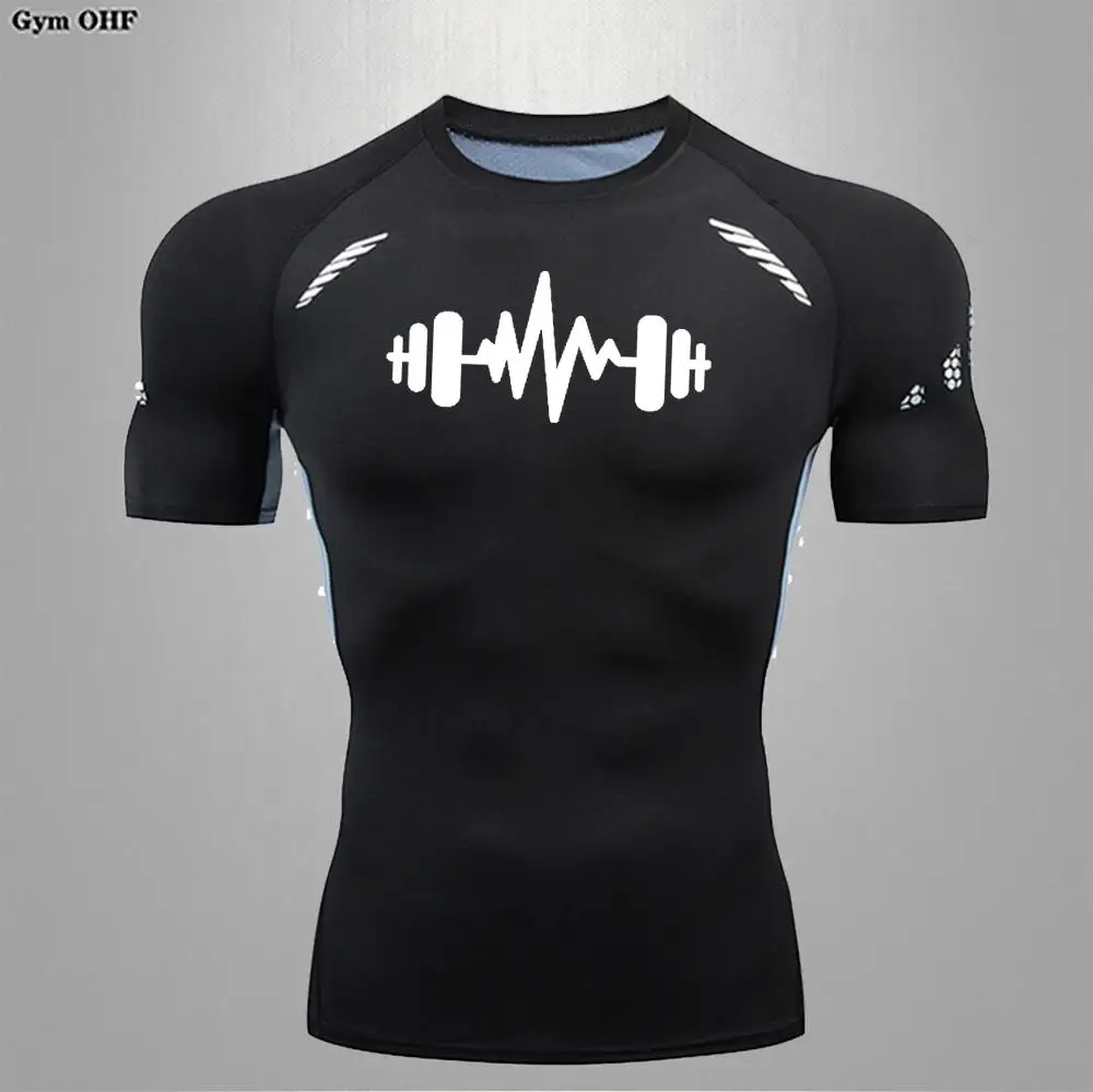 Men's Gym Workout Fitness Compression Shirts Men Print Rash Guard Short Sleeve Undershirts Baselayer Athletic Tshirt Tees Tops