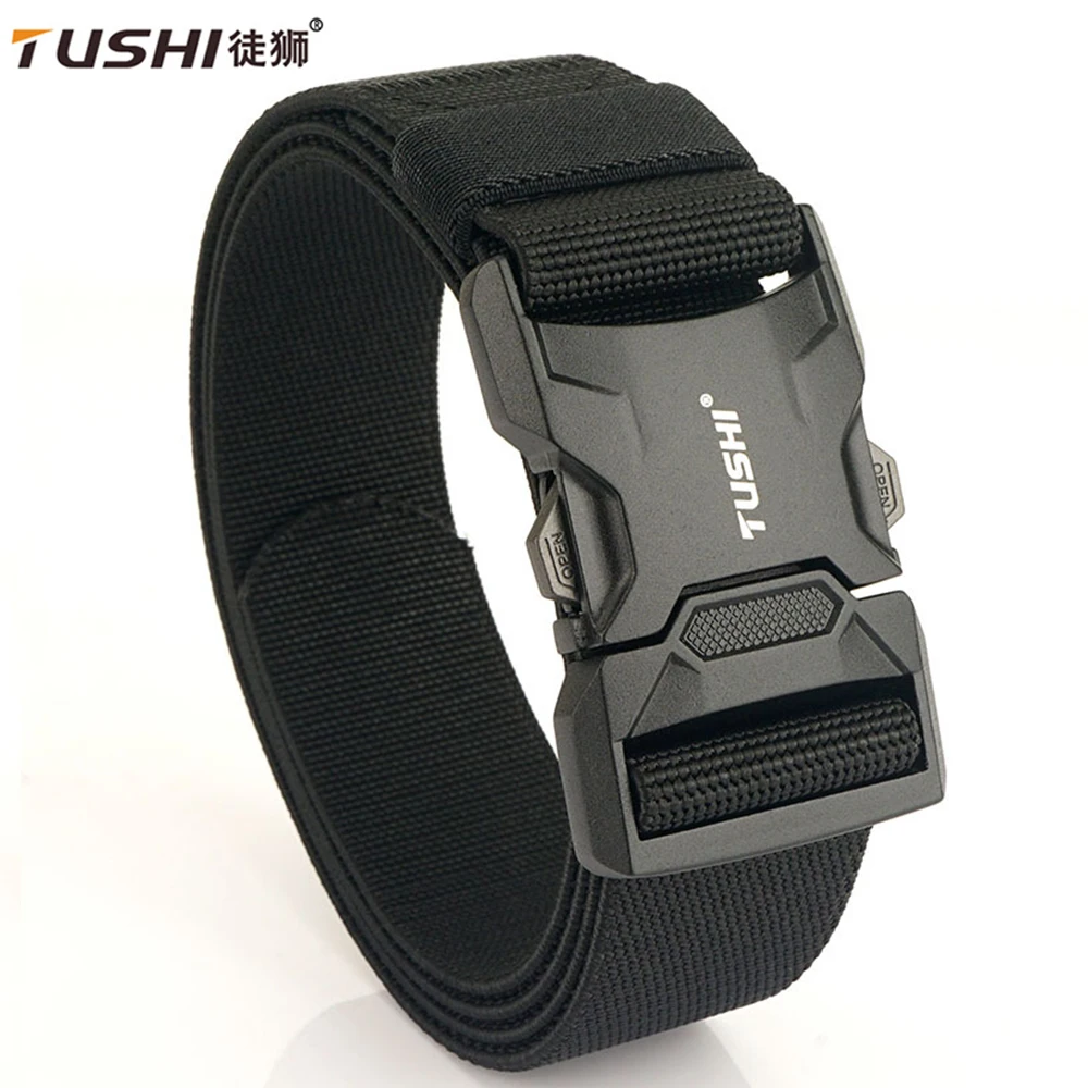 TUSHI Men Belt Army Outdoor Hunting Tactical Belt Outdoor Mountaineering Multifunctional Elastic Nylon Canvas Woven Trouser Belt