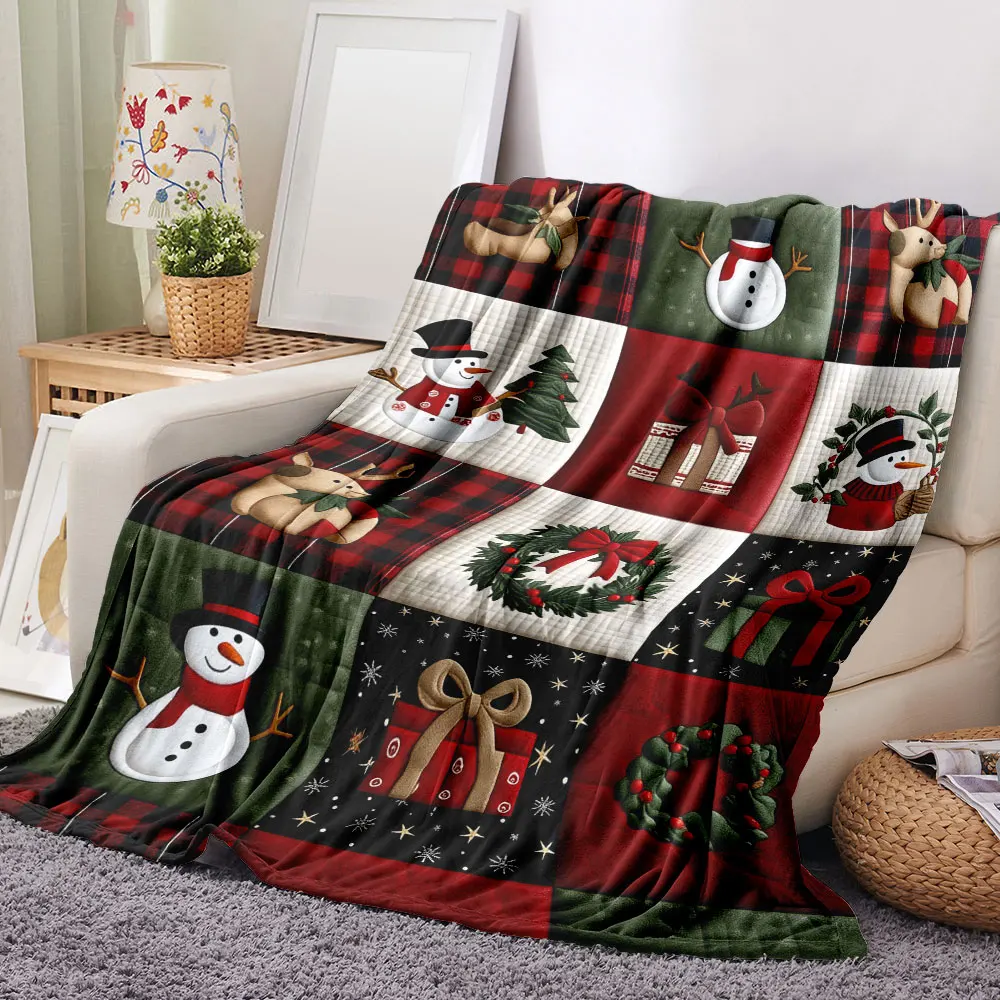 Christmas Quilt Patchwork Blanket - Festive Reindeer, Snowmen, Gift Boxes & Holly Wreaths in Red, Green, Black, White; Soft Cosy