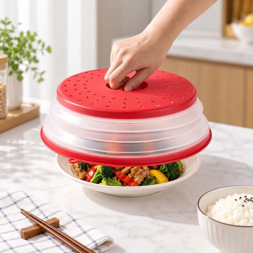 Oil-proof Microwave Splatter Cover with Steam Drain Foldable Drain Basket Splash-Proof Non-Toxic Microwave Spray Cover Kitchen