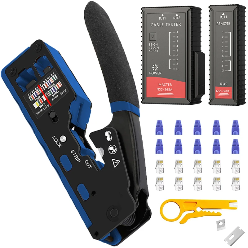 RJ45 RJ11 Crimp Tool Kit Pass Through Cat6 Crimping Tool For Cat5 Cat5e Cat6 8P6P Connector, All-in-one Ethernet Crimper