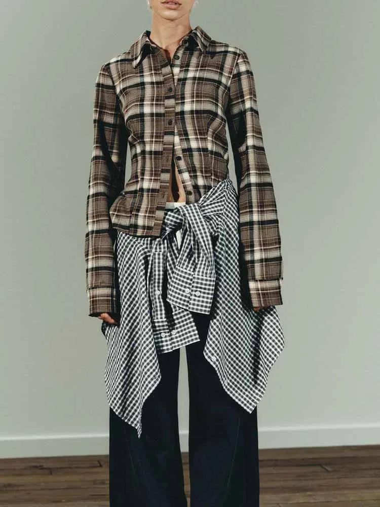 النمط الأوروبي والأمريكي الخريف موضة جديدة عادية بسيطة الرجعية الخصر النحيف قصيرة منقوشة بأكمام طويلة قميص قميص أعلى #1