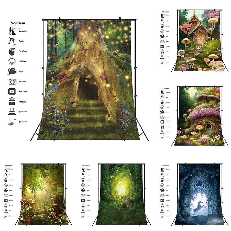 

Green Enchanted Forest Backdrop Fairy Tale Tree Cave Mushroom House Photography Background for Girls Birthday Party Decor Banner