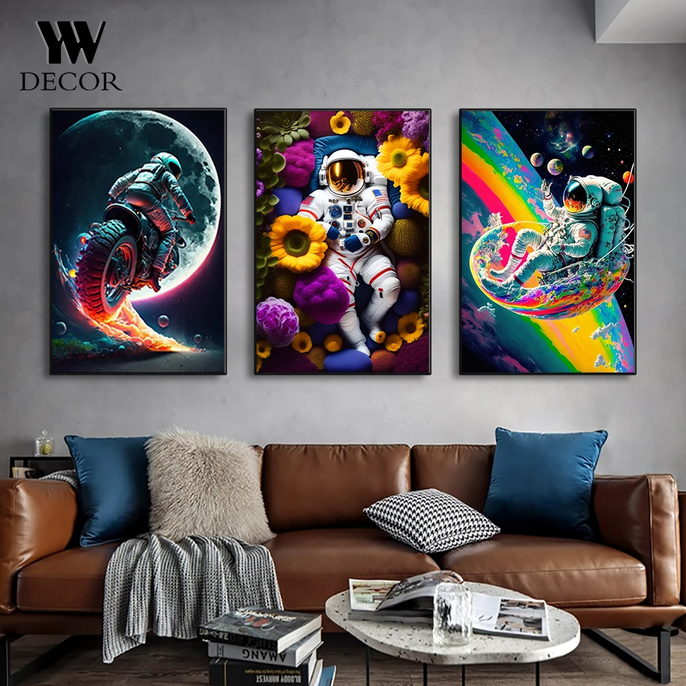 

Abstract Colorful Astronaut Moon Flower Neon Picture Poster Canvas Painting Wall Art Prints For Kids Room Decor Cuadros