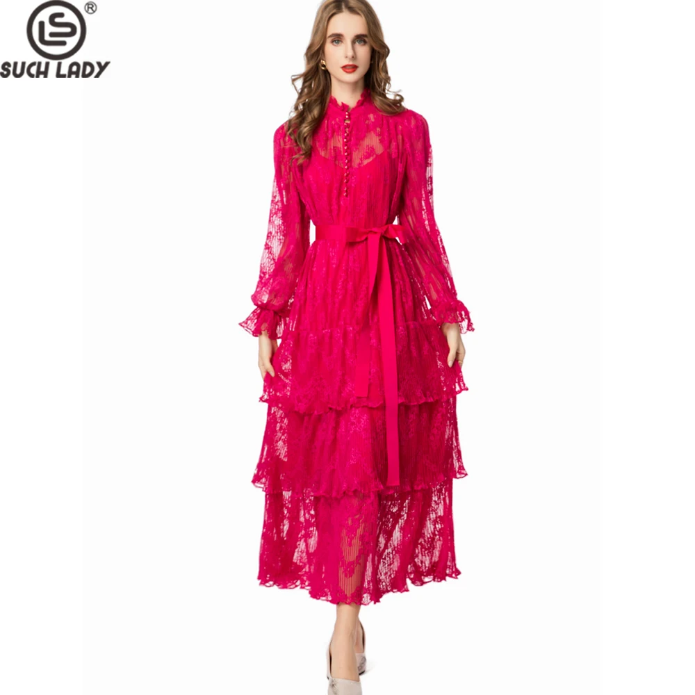 

Women's Dresses High-Neck Long Sleeve Lace Vestido with Self-Tie Belt & Multi-Tiered Ruffle Hem Prom