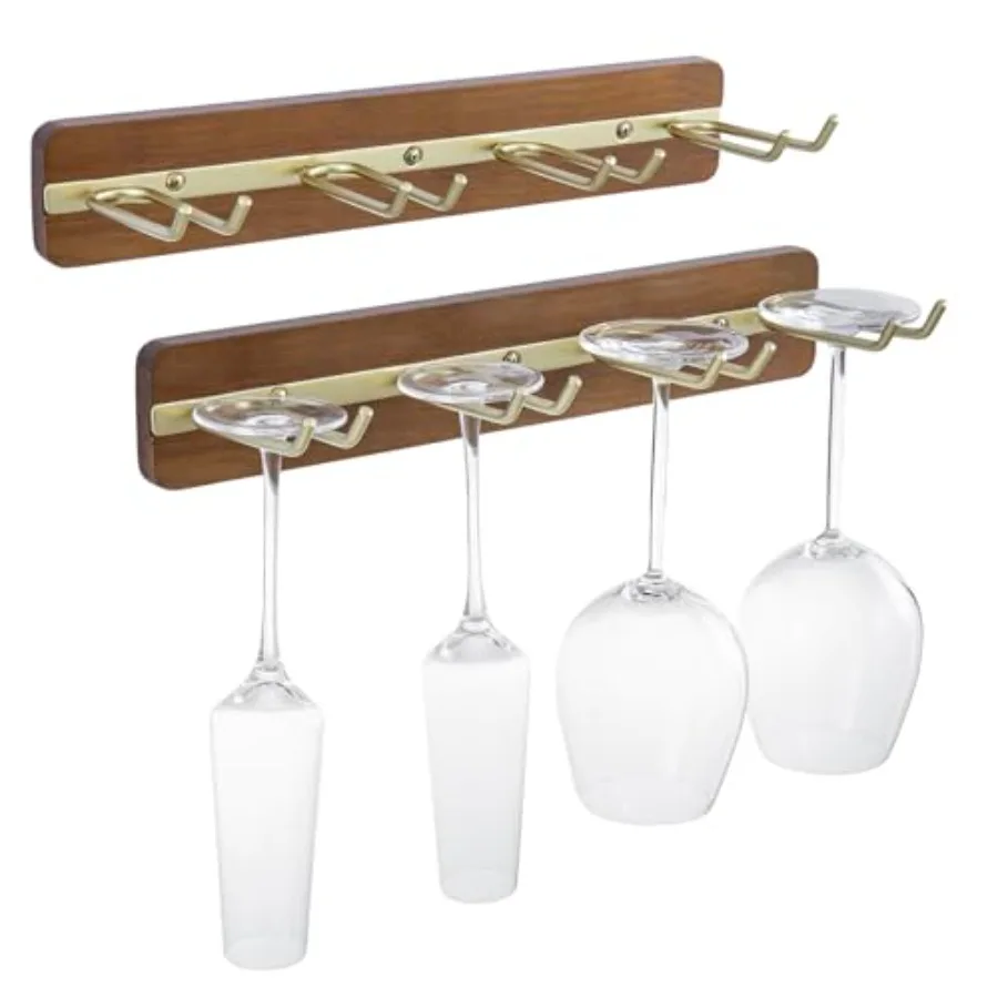 

Настенная подставка для 8 бокалов (2 шт.) из латуни и дерева акации, металлическая сушилка для посуды, середина века