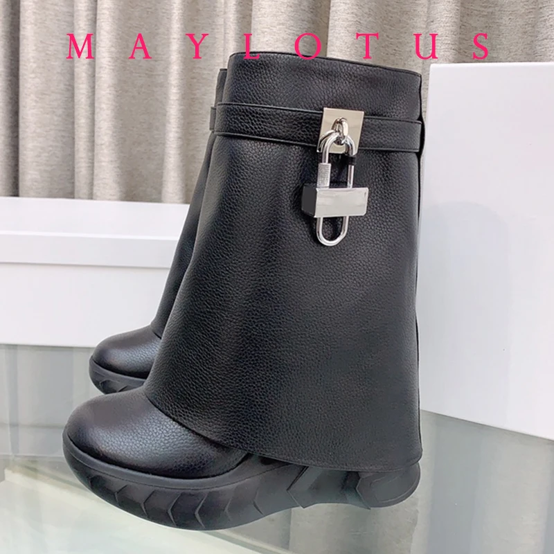 [Clearance] Shark Lock Boots Round Head Sponge Cake Thick Bottom Increase  Fashion All-Match Catwalk Trouser Boots Winter