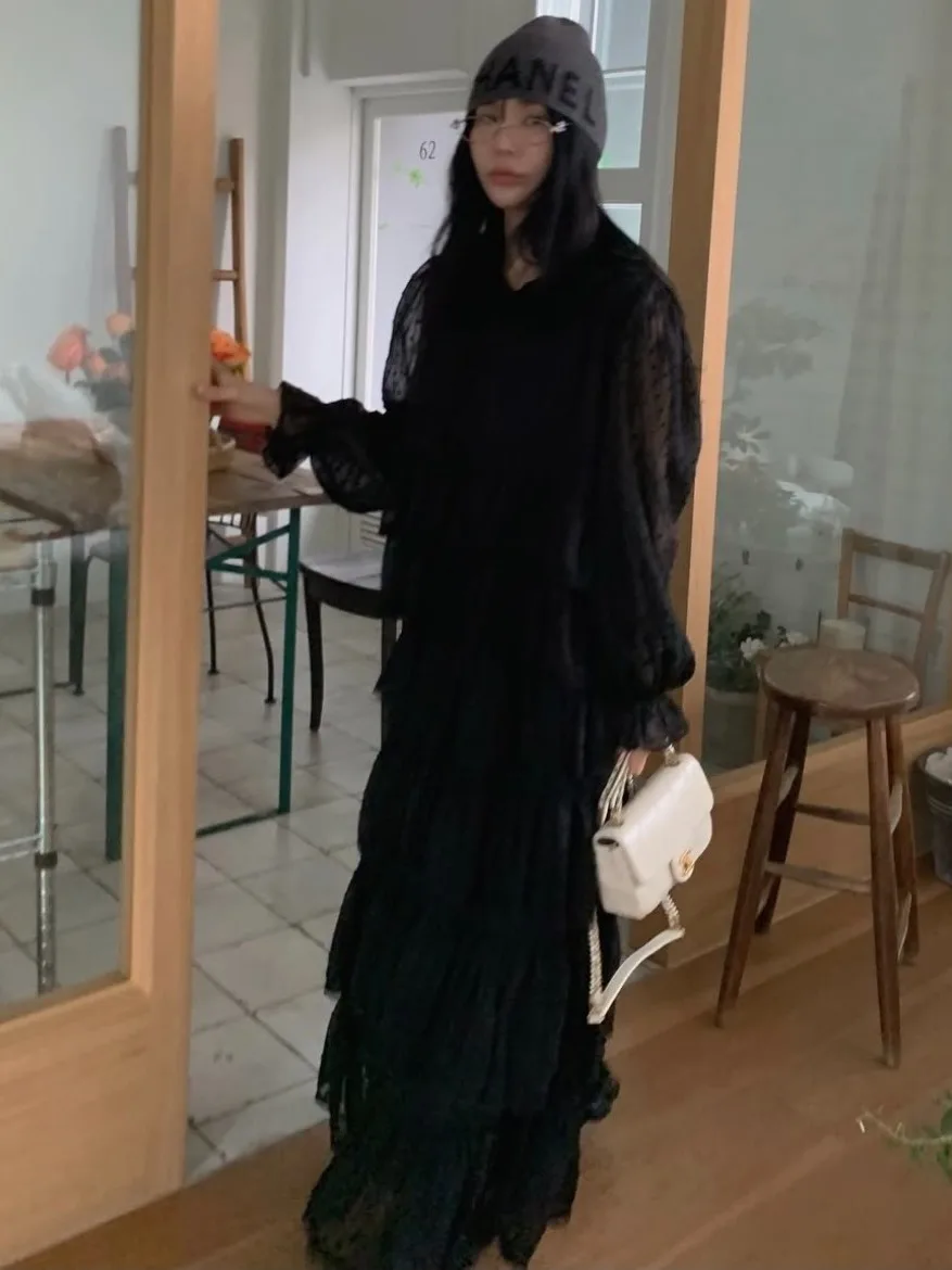 Vestido Longo E em Camadas Estilo Dongdaemun INS Exclusivo Online Chinês Primavera Outono Inverno Espura Regular