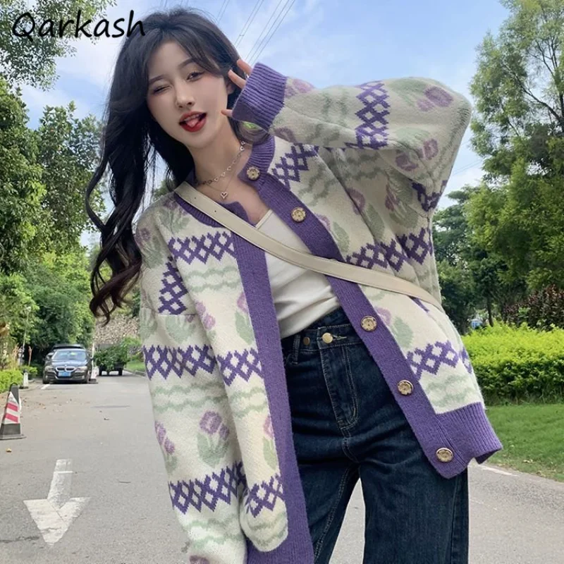 Purple Tulips Cardigan Women Knitted Sweet Cute Harajuku Panelled Autumn Clothing Sweaters Loose Casual Korean Fashion All-match