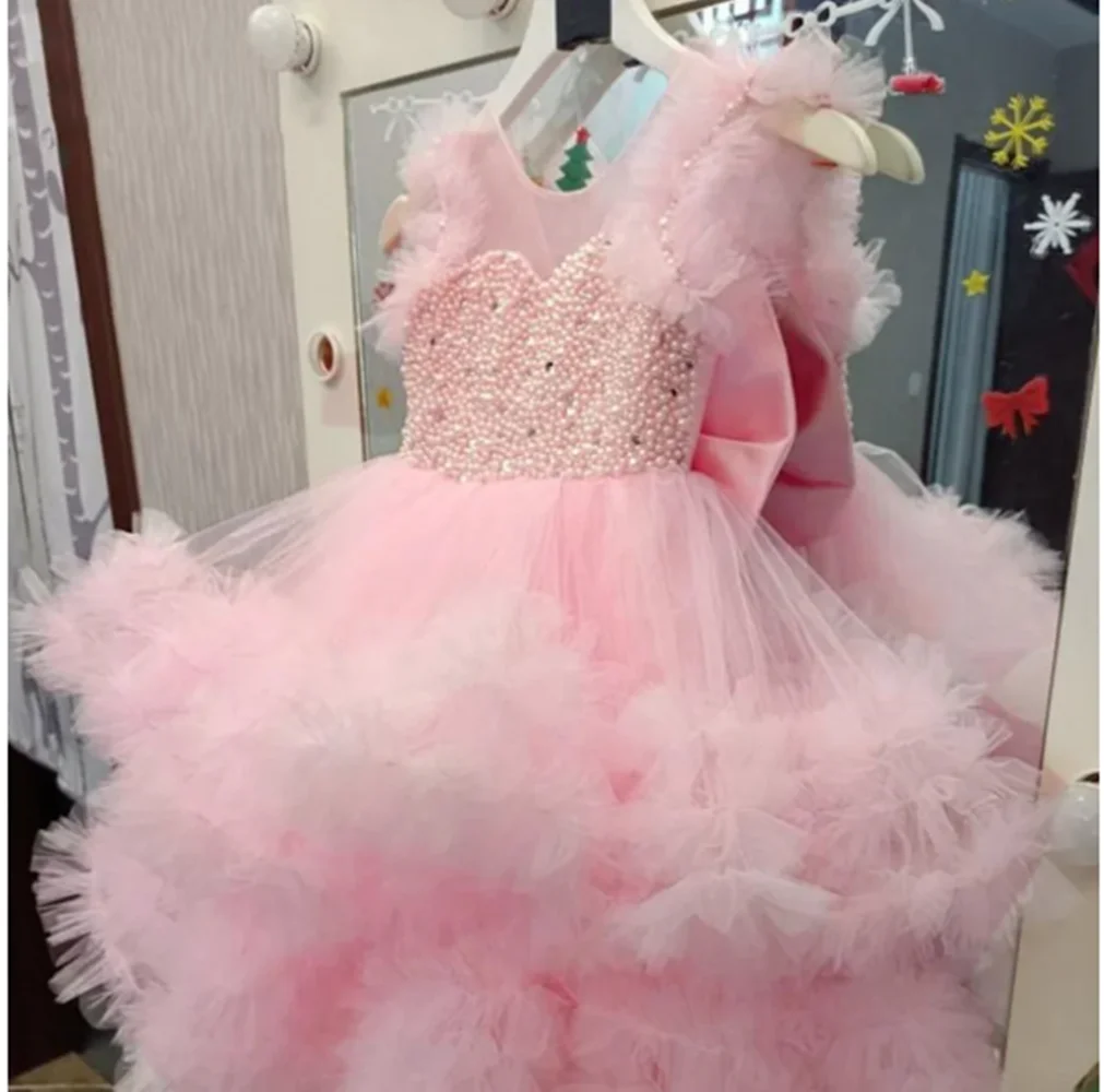 

Розовое пышное платье для девочек с цветочным узором для свадьбы, тюлевое платье принцессы с аппликациями и бисером, праздничное платье для первого причастия, на заказ