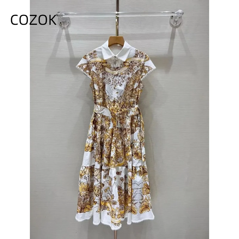 

2024 New Women's Printed Long Waist Belt Dress