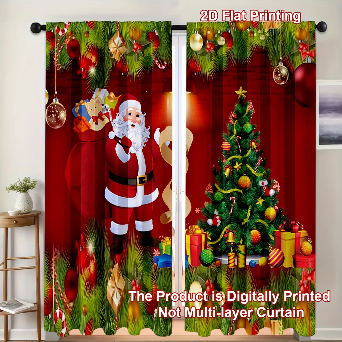 VIKAMA Merry Christmas Curtains Santa Tree Gift Design 2D Flat Print Window Drapes for Indoor Xmas Party Home Decoration