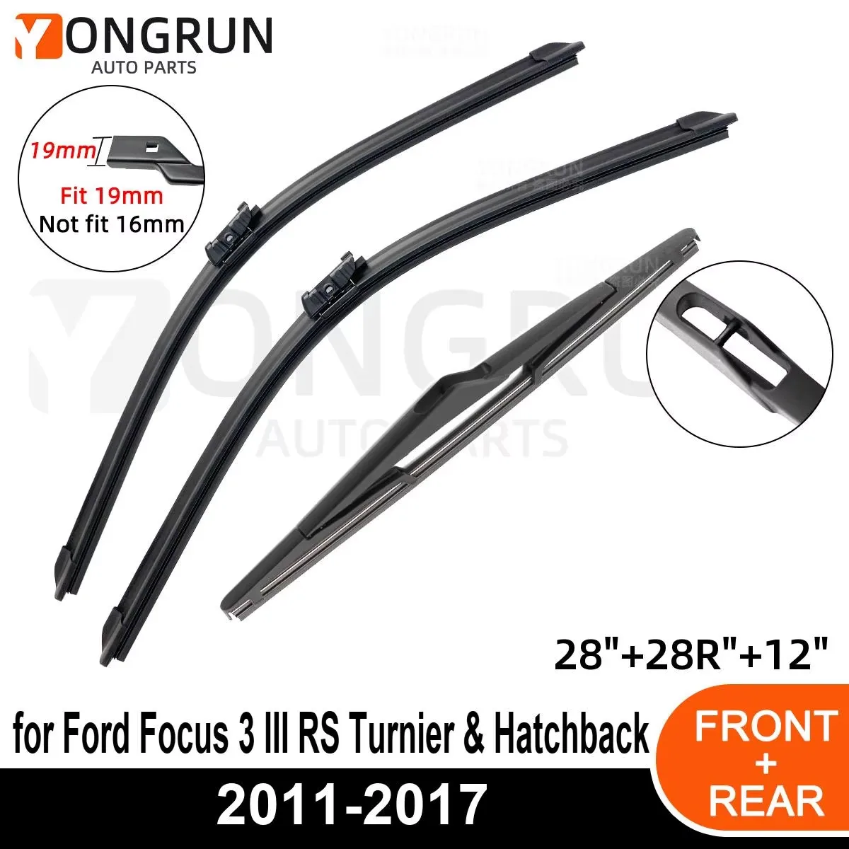 YONGRUN Auto-Wischer für Ford Focus 3 III RS Turnier & Hatchback 2011–2017, Windschutzscheibe vorne und hinten, langlebiges Zubehör für vier Jahreszeiten