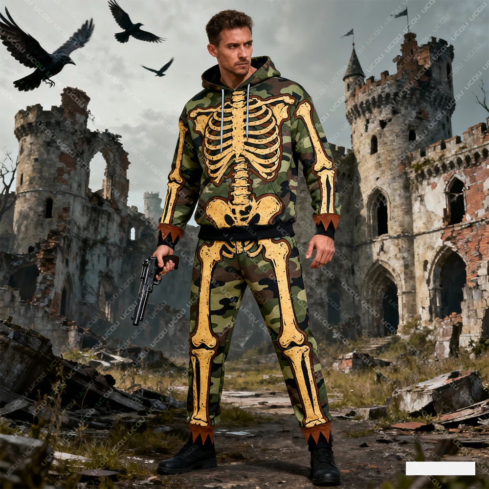 

2025 Halloween Motorcycle Hooded Sweatshirt And Pants Set Terrifying Skeleton 3D Print Winter Spring Set Festival Dress-Up Set