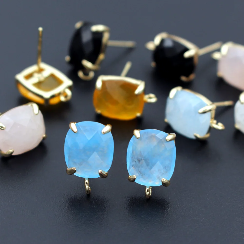 6pair DIY Earrings Settings Rectangle Colored Stone Ear Post Studs Pink Blue Green Yellow Stone Earring with Open Loop Connector