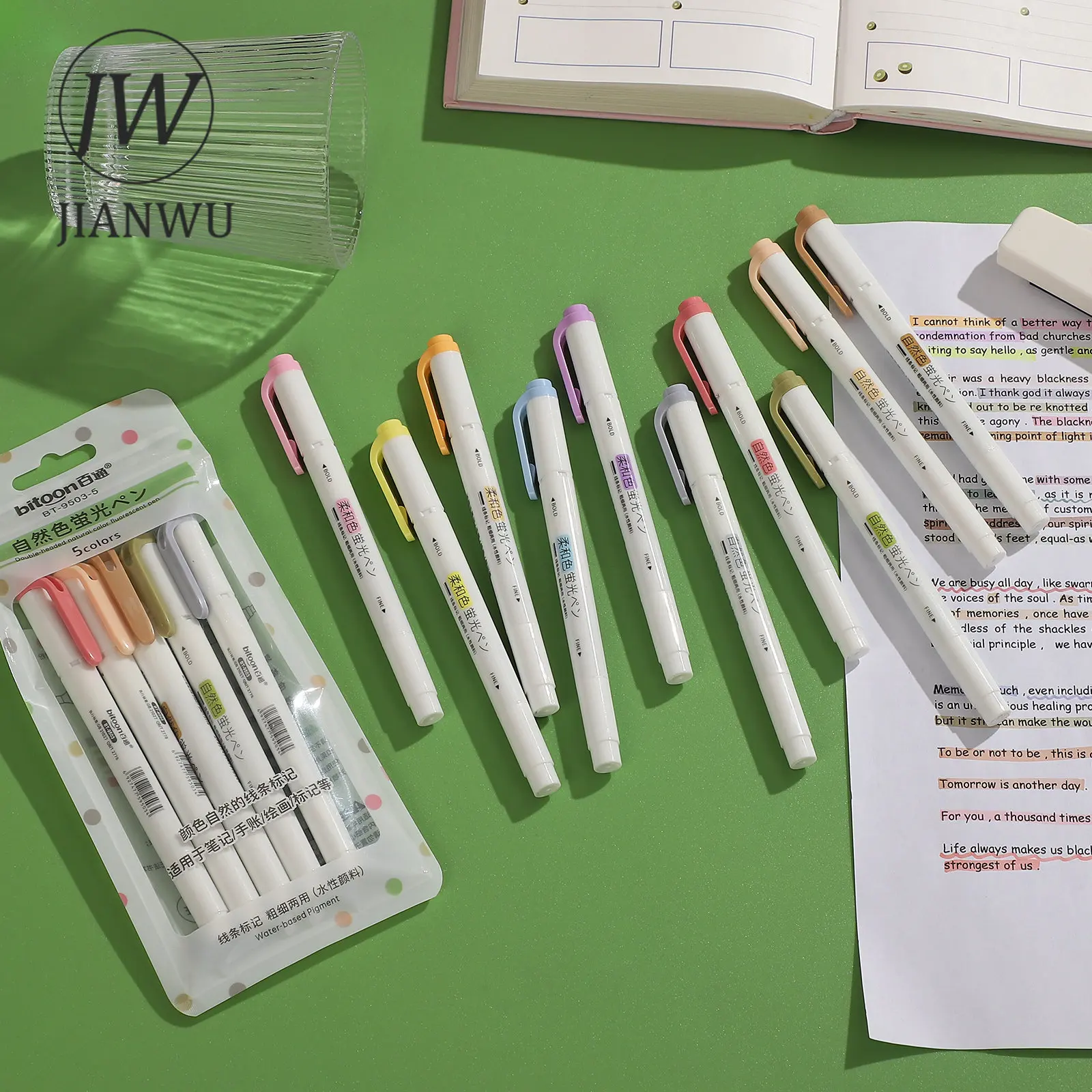 JIANWU 5 Pcs/set Double-ended Eye Protection Highlighter Set Smooth Writing Multicolor Marker Pen Creative DIY Student Supplies