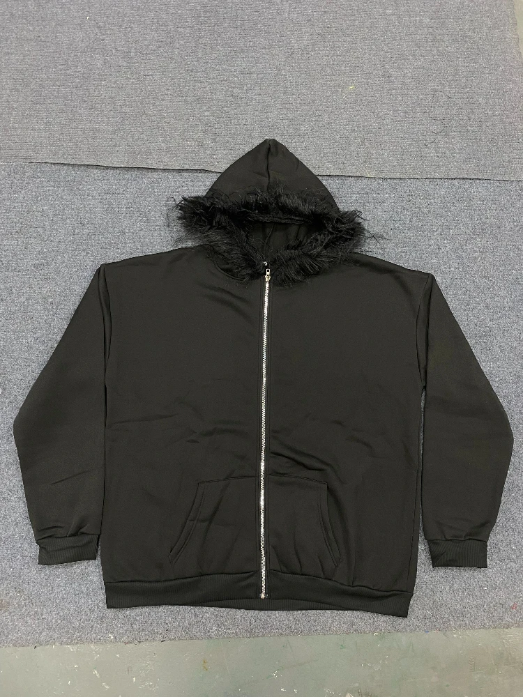 2025 fashion vintage fur collar hooded jacket y2k trendy men's and women's zipper sweatshirt jacket ins