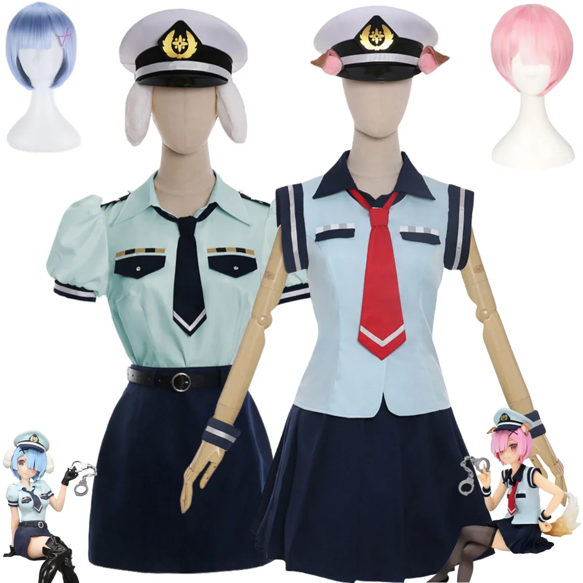 Anime Re:Life in A Different World From Zero Rem Ram Cosplay Costume Girl Canine Female Police Uniform Wig Woman Sexy Party Suit