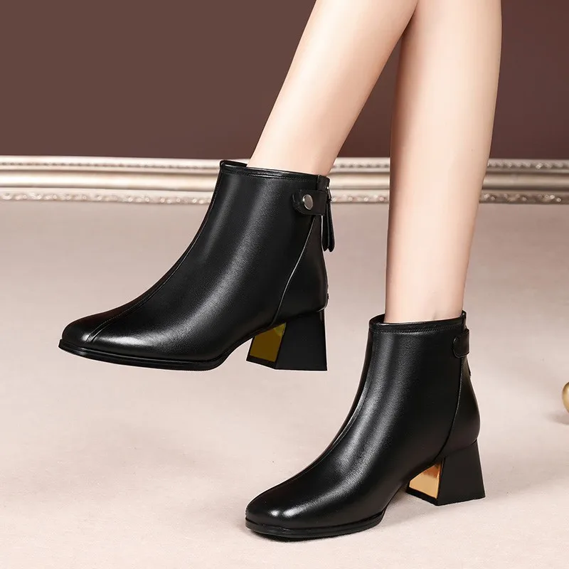 Autumn and Winter New Korean Fashion Square Head Back Zip Platform Fashion Casual plus Size Women's Leather Boots Fleece-lined F