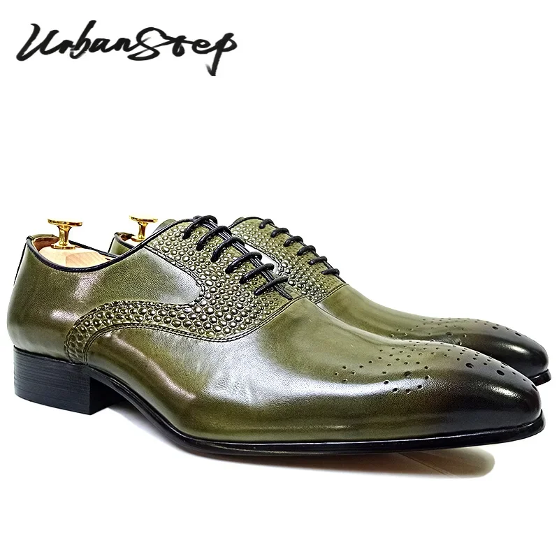 LUXURY MEN OXFORD SHOES OFFICE WEDDING DRESSES SHOES GREEN WHITE BLACK HAND-POLISHING LACE UP POINTED TOE LEATHER SHOES FOR MEN