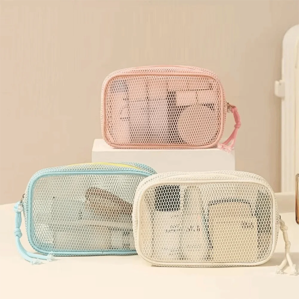 Large Capacity Mesh Cosmetic Bag Transparent Breathable Mesh Portable Toiletry Pouch Smooth Zipper Multipurpose Coin Purse Women
