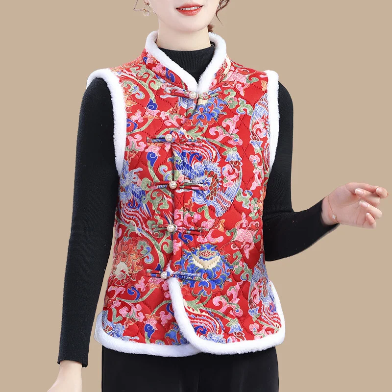 

Бархатный жилет для женщин среднего возраста, жилет в китайском стиле, осень-зима, толстая куртка на пуговицах с лягушкой и принтом, пальто
