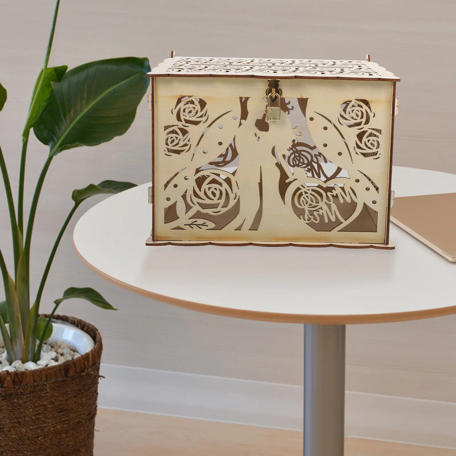 Hollowed Out Rustic Wooden Wedding Card Box for Reception Guest Sign-in Cards Envelopes Money Gifts Keepsake Box Decor view 4