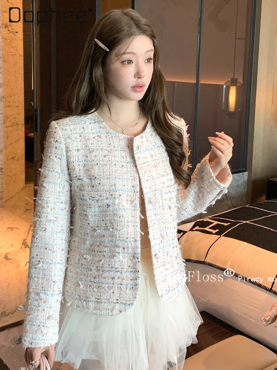 

French Elegant Socialite Tweed Color Block Short Coat Women High-end Single-breasted Sequin Patchwork Round Neck Loose Coats