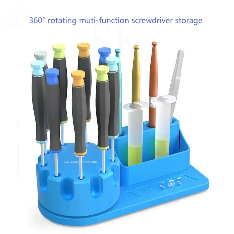 Alumínio Alloy Desktop Storage Box 360 ° Base Rotativa Chave de Fenda Pinça Suporte de Montagem Telefone Tablet Pad Peças Repair Rack