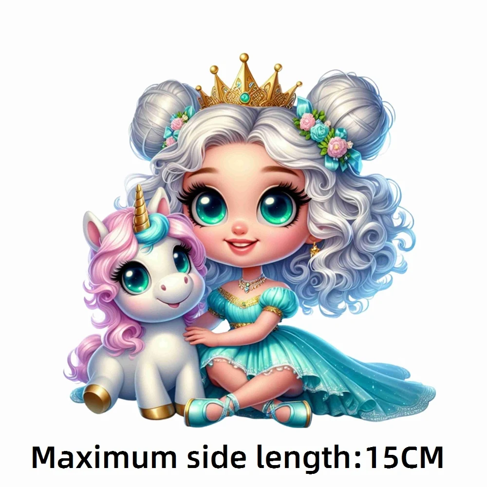 15cm Princess Unicorn Girl Iron On Heat Transfer Stickers For Clothes DTF Pinted Vinyl Thermal Appliques Washable T-Shirt Decal