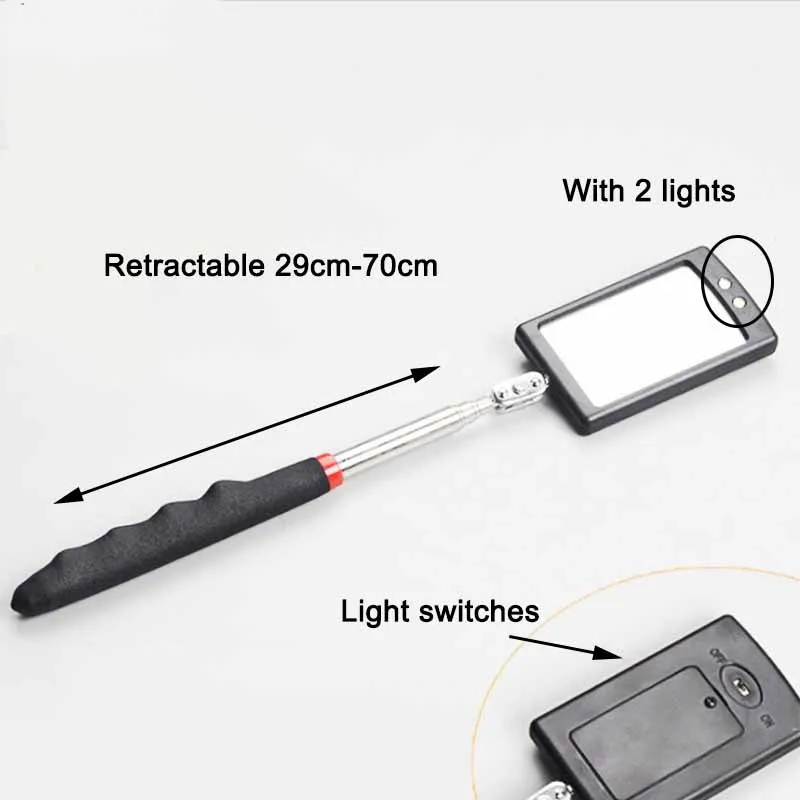 LED Light Telescoping Inspeção Espelho, Estender Ferramentas Mecânicas, Cabo Telescópico, Reparação Espelho, 360 °