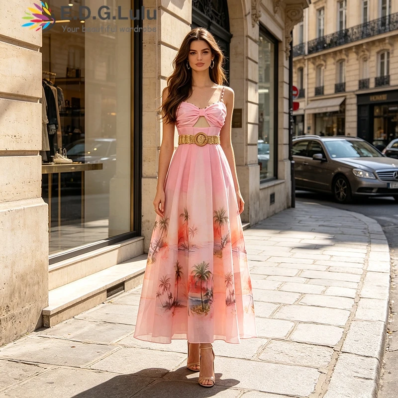 EDGLuLu  Summer 2026 Strapless Hollow Sleeveless Camisole Dress Sweet Beach Vacation Vintage Printed Pink Long Dresses 0701