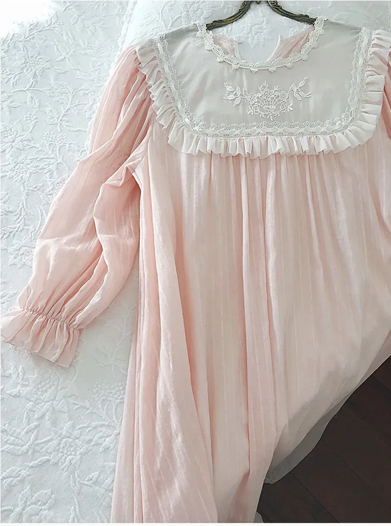 Women\'s Lolita Dress Pink Princess Sleepshirts Vintage Palace Style Embroidered Nightgowns.Victorian Nightdress Lounge Sleepwear