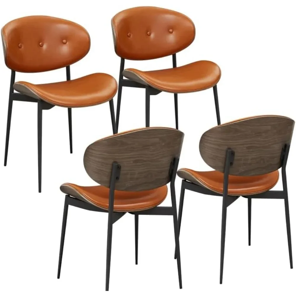 Faux Leather Dining Chairs Set of 4, Gray Oak Bentwood, Mid Century Modern Desk Chairs with Metal Legs, Armless Accent Chairs
