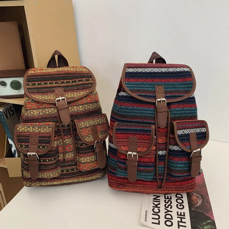 2024 New Female Ethnic Style Backpack Casual Plaid Drawstring Retro Women Large Capacity School Bag Drawstring Bucket Bag