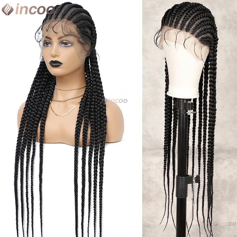 

36 дюймов синтетические полные кружевные передние плетеные парики Cornrow Braids кружевные парики с детскими волосами без узлов Box Braids парики для чернокожих женщин