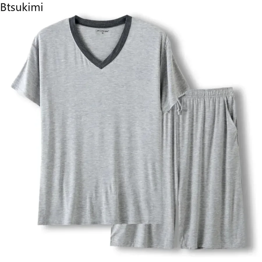 

2025Мужские летние повседневные пижамные комплекты из мягкого модала, комплекты одежды для сна, футболка с короткими рукавами и полубрюки, домашняя одежда большого размера, пижамы