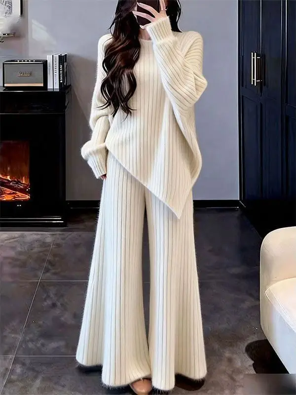 Ladies Soft Cozy Sweater High Waist Wide Leg Pants Two Piece Set Fashionable Lazy Style Winter New Arrival High End Feeling image 4
