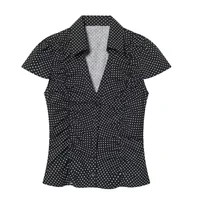 Summer Y2K Vintage Polka Dot Short Sleeve Blouse For Women V Neck Collared Ruched Bodycon Slim Fit Casual Daily Streetwear Shirt 2