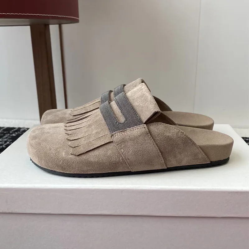 

Thick Sole Slippers Women Cow Leather Flat Slides Round Toe Mules Shoes Woman Fringe String Bead Decor Half Slippers Woman