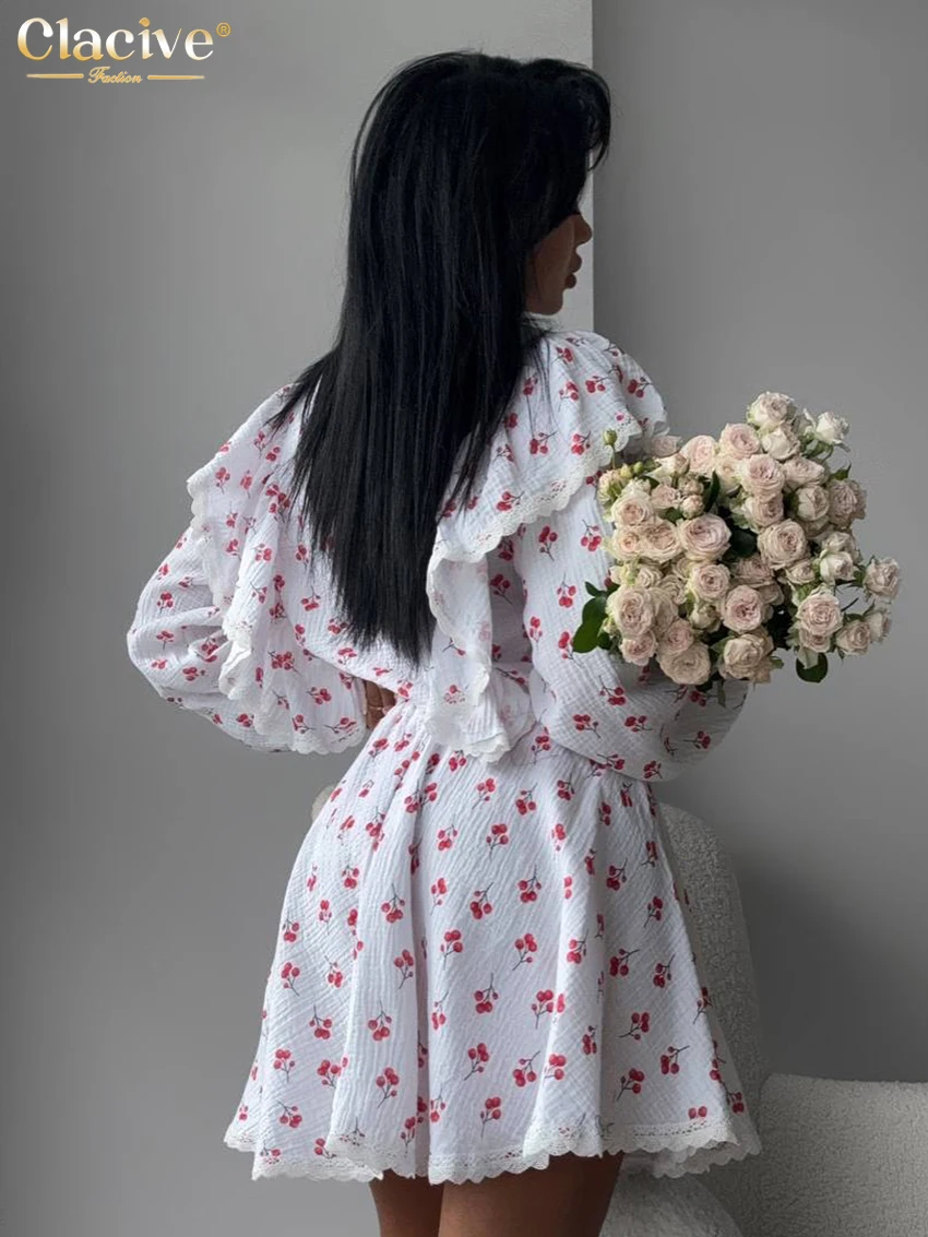 Clacive Fashion Loose Print Cotton Woman 2 Piece Set Outfit 2025 Elegant Long Sleeve Shirt With High Waist Mini Skirt Set Female image 3