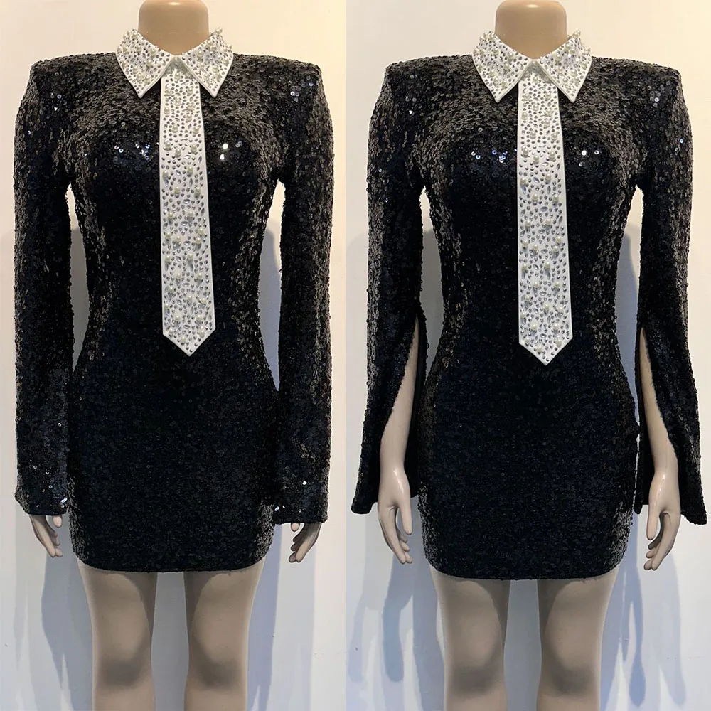 Black Sequin Rhinestone Beaded Party Prom Backless Dress Luxury Long Sleeve Turndown Collar Night Club Sexy Bodycon Mini Dresses