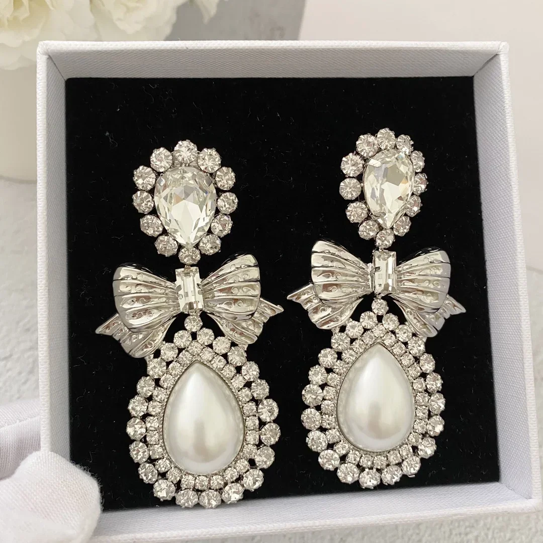 Hot Designer Brand Fine Pearl Crystal Bow Earring Top Quality Ear Clip Women Luxury Jewelry Gift Trend