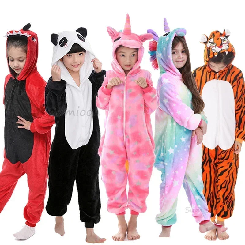 Kigurumi Unicorn Pajamas Kids Girl Sleepwear Onesie Animal Cartoon Jumpsuit Cat Dinosaur Panda Costume Winter Child Boys Pyjamas