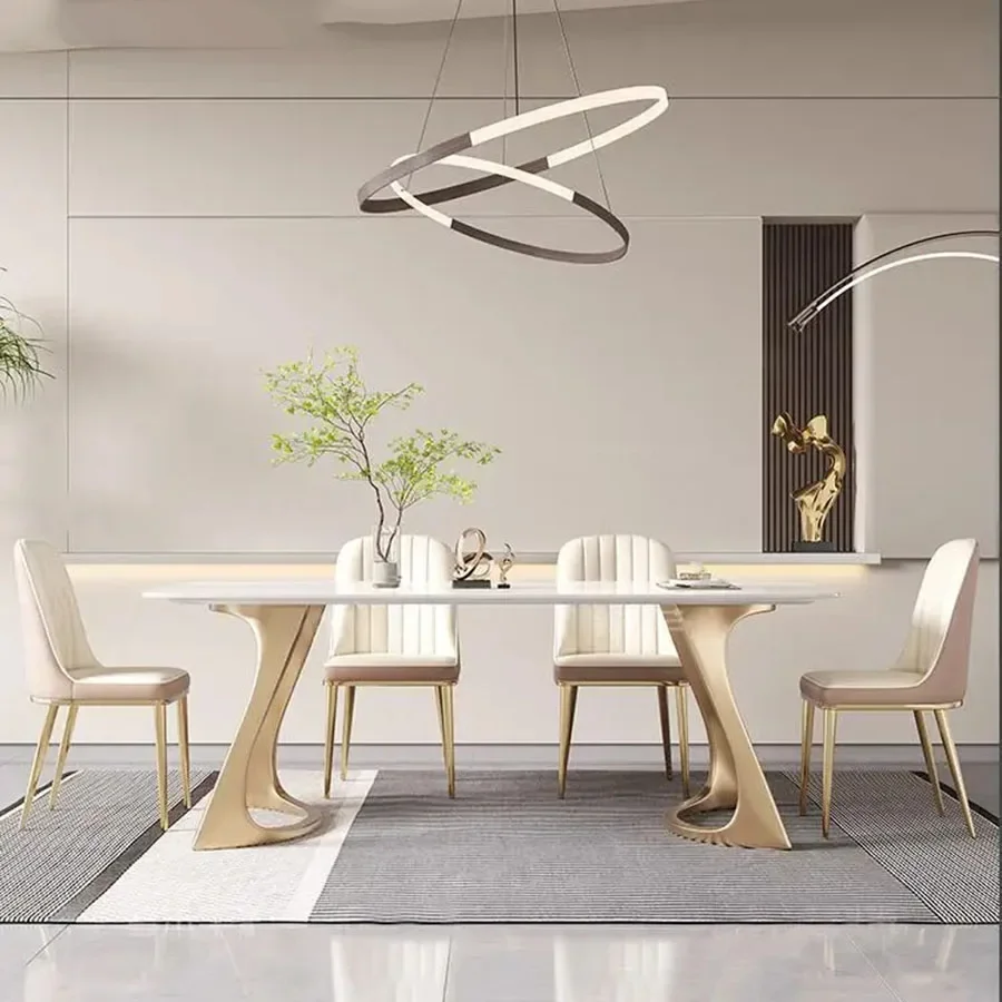 

GY13 Minimalist Dining Table Set Corners Rock Board Stainless Steel Bases Designer Dining Table And Chairs Muebles Furnitures