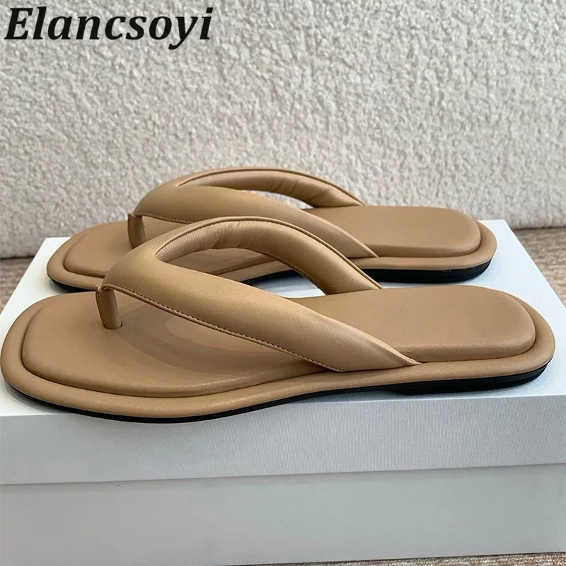 Flip-Flops Women Split Toe Flat Slippers Genuine Leather Solid Color Leisure Lazy Sandals Summer Outdoor Vacation Beach Shoes